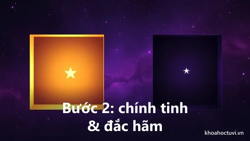 Một ngôi sao vàng rực nổi bật trong một ô vuông sáng, tương phản với ngôi sao mờ trong ô tối bên cạnh — đọc chính tinh cung Mệnh và trạng thái đắc hãm khi xem lá số tử vi