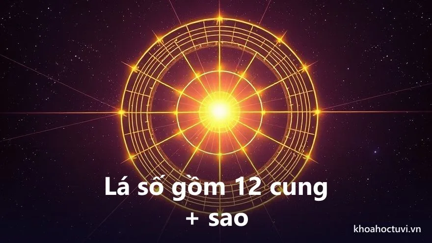 Một lá số tử vi vuông 12 cung phát sáng vàng trên nền vũ trụ tím, các ô cung xếp quanh một ô trung tâm — tổng quan cấu trúc lá số tử vi cho người mới