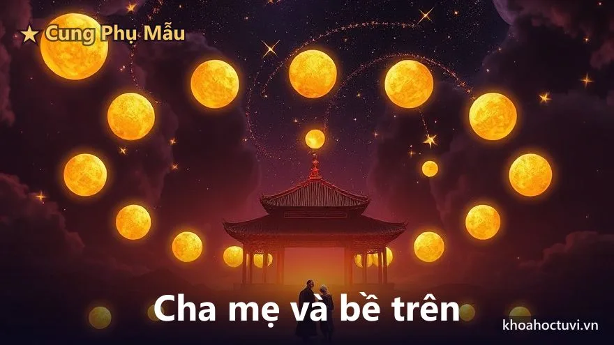 Sơ đồ lá số 12 cung với ô cung Phụ Mẫu phát sáng vàng ấm, bên trong là hình một mái nhà che chở hai bóng người lớn đứng sau một người trẻ, trên nền trời tím — minh họa cách xem cha mẹ trong tử vi qua cung Phụ Mẫu