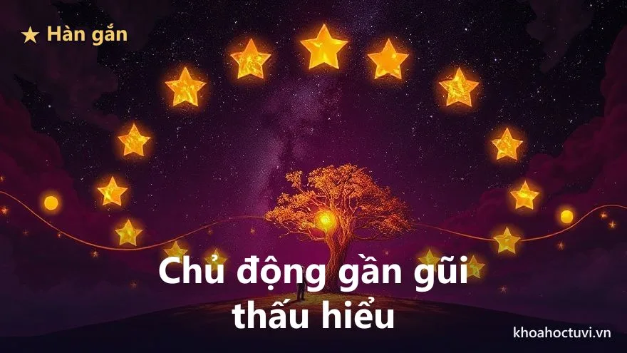 Một sợi ánh sáng vàng nối lại khoảng cách giữa một bóng người trẻ và hai bóng người lớn dưới tán cây trên nền trời tím, tượng trưng cách hóa giải và hàn gắn quan hệ cha mẹ con cái ở cung Phụ Mẫu trong tử vi