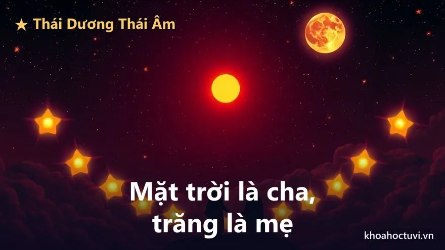 Một mặt trời vàng rực và một vầng trăng dịu cùng tỏa sáng trên nền trời tím, phía dưới là hai bóng người lớn che chở, biểu tượng sao Thái Dương chủ về cha và Thái Âm chủ về mẹ ở cung Phụ Mẫu trong tử vi