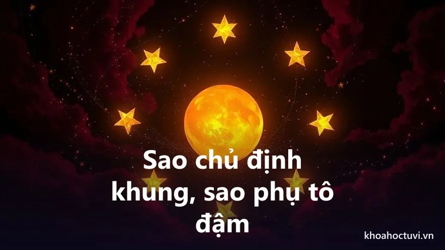 Sơ đồ phân tầng hệ sao tử vi: ở giữa là ngôi sao chủ lớn phát sáng vàng, xung quanh là nhiều sao nhỏ hơn vây quanh — minh họa vai trò chính tinh phụ tinh trên một cung