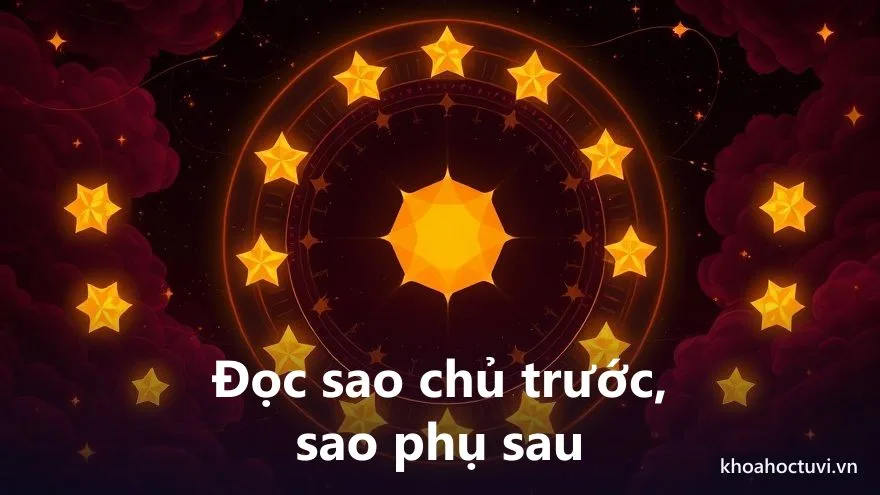 Một ngôi sao vàng lớn ở trung tâm với các vòng sáng đồng tâm mở rộng ra ngoài, nhiều sao nhỏ xếp theo trình tự dọc các vòng — minh họa thứ tự đọc chính tinh trước rồi tới phụ tinh trong tử vi