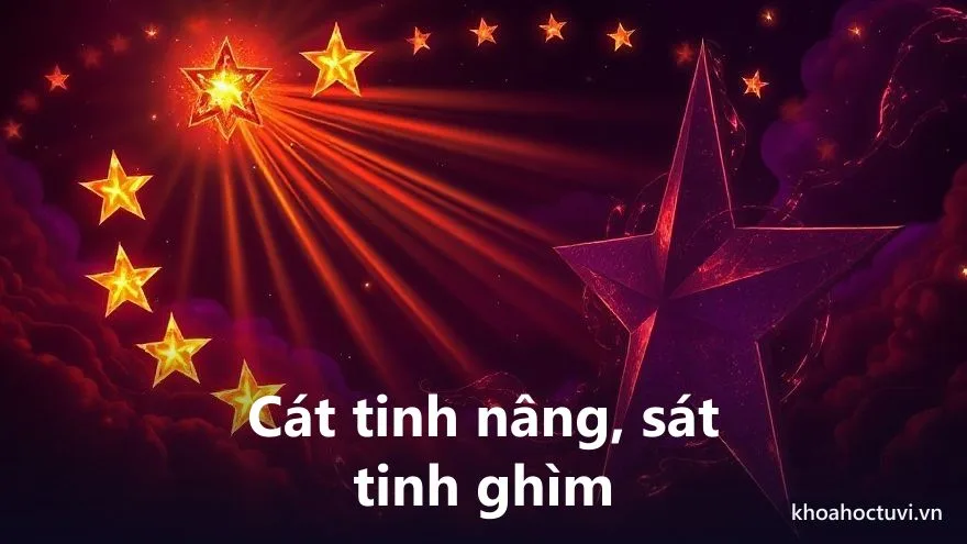 Hai ngôi sao lớn tượng trưng chính tinh, một bên được các tia sáng vàng nâng đỡ, một bên bị những nét tối vây quanh — minh họa tương tác chính tinh phụ tinh cát và sát trên lá số
