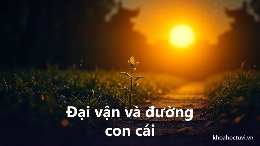 Con đường mòn qua vườn cây, phía xa một mầm cây vươn lên đón ánh bình minh