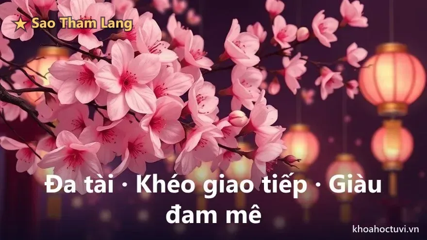 Tính cách người Tham Lang thủ Mệnh qua hình hoa đào và đèn tiệc — đa tài, khéo giao tiếp, giàu đam mê của đào hoa tinh