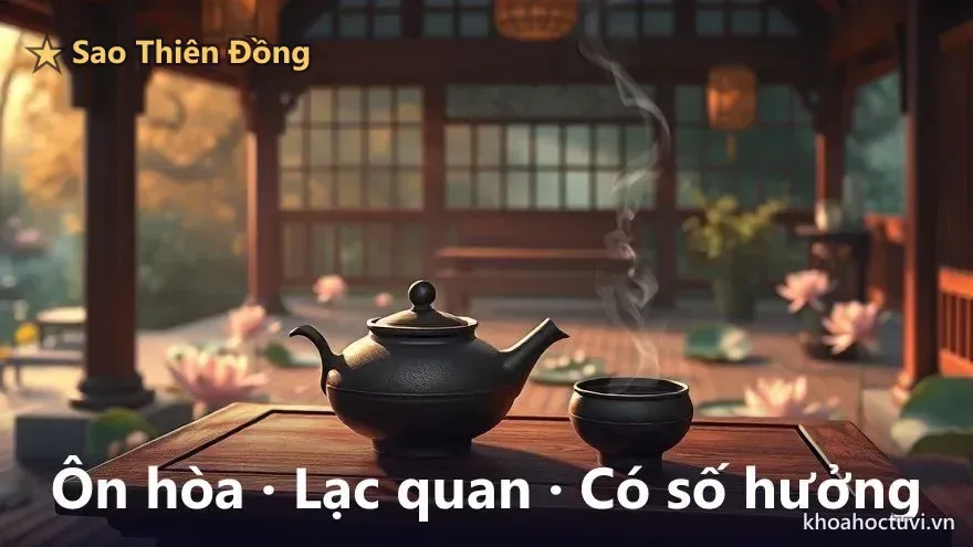 Nhịp sống thong thả của người Thiên Đồng thủ Mệnh — ấm trà bốc khói trong đình vắng, khí chất phúc tinh