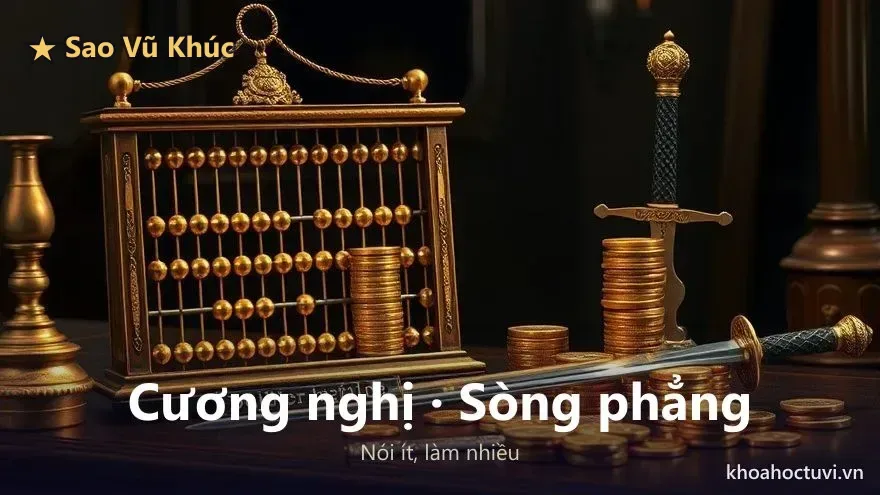 Tính cách người Vũ Khúc thủ Mệnh — cương nghị, sòng phẳng, nói ít làm nhiều; bàn tính và kiếm bên chồng tiền vàng của tài tinh