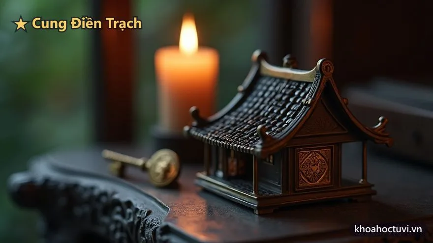 Chìa khóa đồng và mô hình nhà ngói cổ bên ánh nến — biểu tượng sở hữu và thừa kế của cung Điền Trạch