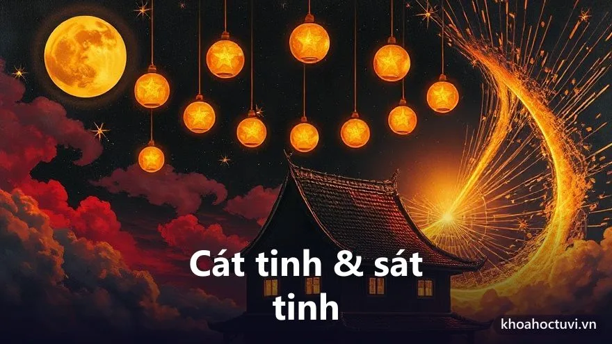 Cát tinh và sát tinh ở cung Điền Trạch — hai luồng ánh sáng vàng và tia sắc lạnh cùng chiếu vào một ngôi nhà, một bên dựng xây một bên phá dỡ