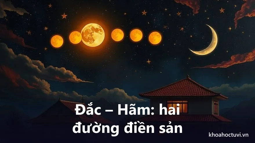 Đắc và hãm ở cung Điền Trạch — một mái nhà dưới trăng tròn sáng tỏ và một mái nhà dưới trăng khuyết mờ, hai đường nhà đất khác nhau