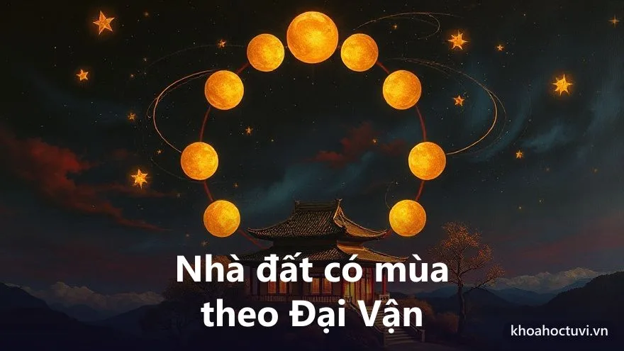 Nhà đất có mùa theo Đại Vận — một ngôi nhà trải qua bốn mùa xuân hạ thu đông dưới vòng thời gian, biểu tượng tài sản thịnh suy theo từng chặng mười năm