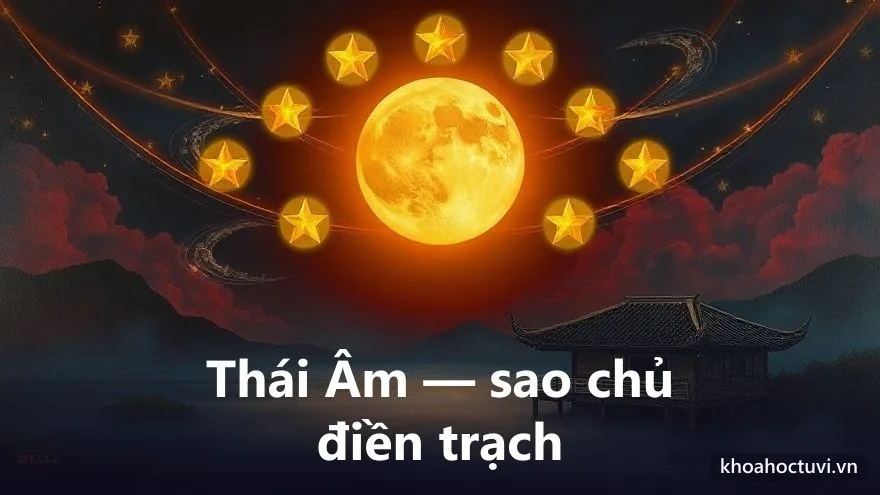 Thái Âm là sao chủ của cung Điền Trạch — trăng vàng sáng tỏ soi ruộng đồng và mái nhà bạc trắng, biểu tượng tích lũy nhà cửa ruộng vườn