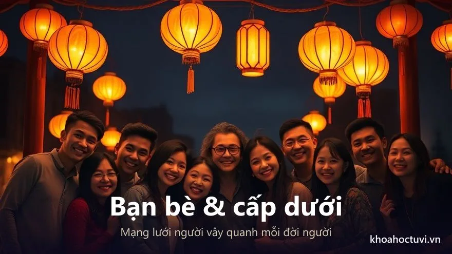 Nhóm người quây quần dưới ánh đèn lồng vàng ấm — cung Nô Bộc chủ về bạn bè, cấp dưới và quan hệ xã hội trong lá số Tử Vi