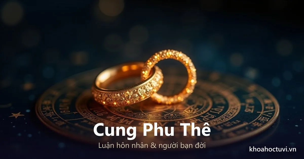 Cung Phu Thê trong lá số Tử Vi — cung chủ về hôn nhân, vợ chồng và tình duyên, biểu tượng hai vòng tròn giao nhau trên nền vũ trụ xanh vàng
