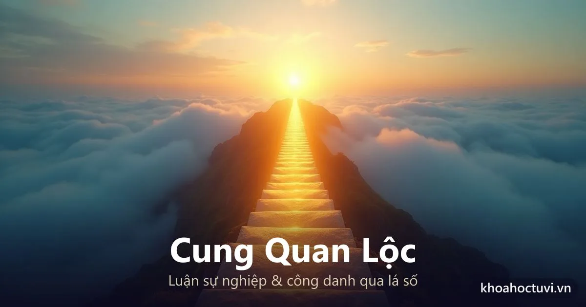 Cung Quan Lộc trong lá số Tử Vi — cung chủ về sự nghiệp, chức vụ và công danh, biểu tượng bậc thang dẫn tới đỉnh công danh trên nền vũ trụ xanh vàng
