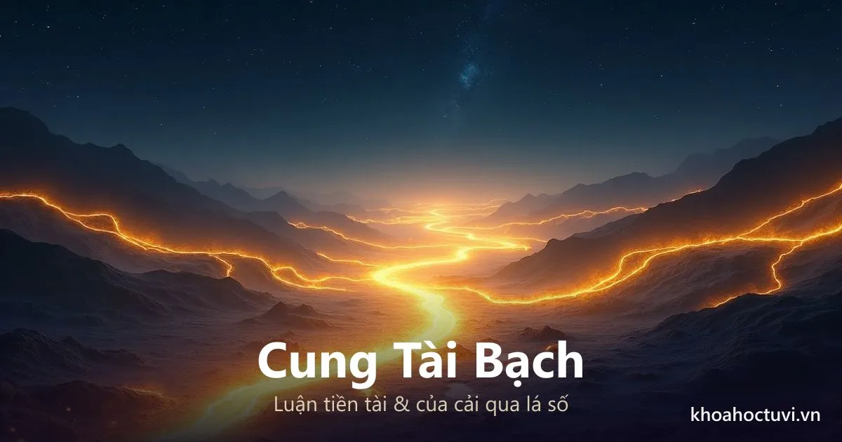Cung Tài Bạch trong lá số Tử Vi — cung chủ về tiền tài, của cải và cách kiếm tiền, biểu tượng dòng sông vàng chảy giữa nền vũ trụ xanh vàng