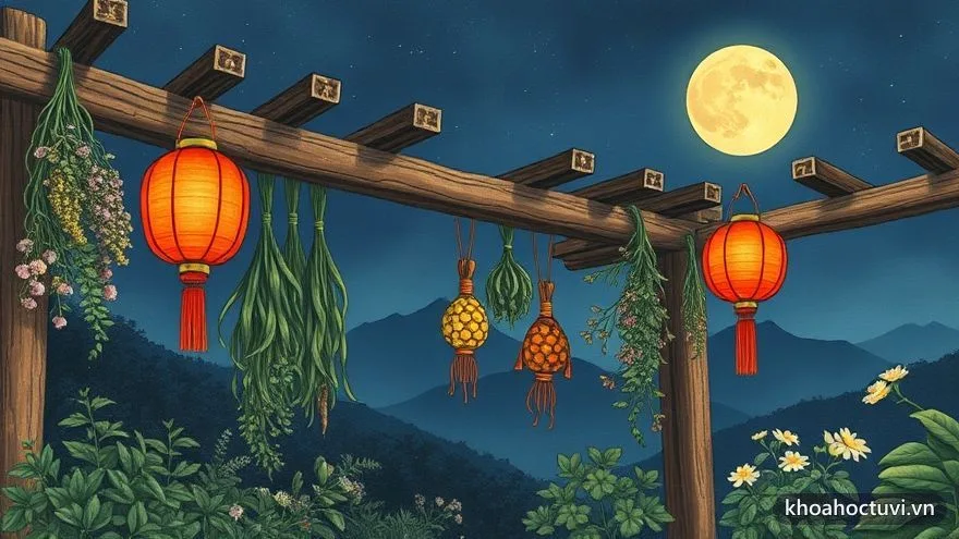 Đèn lồng đỏ treo bên cạnh cây thảo dược khô trong căn nhà gỗ đêm — cung sức khỏe chủ về tạng người và tai ách cần phòng
