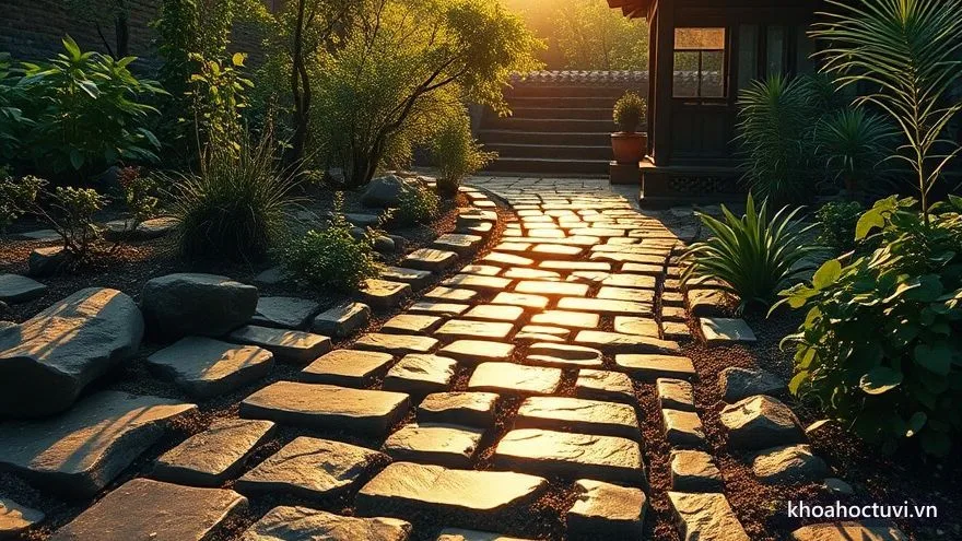 Lối đi lát gạch đá chạy qua khu vườn thảo mộc dưới nắng sớm — hóa giải cung sức khỏe xấu bằng cách chăm chỉ phòng ngừa từ những viên gạch nhỏ mỗi ngày