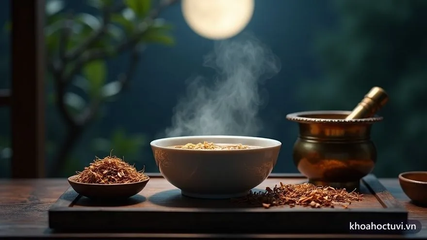 Bàn tay áo lụa đưa chén thuốc bốc khói dưới ánh trăng mờ trong sân nhà cổ — cát tinh y dược mang quý nhân đúng lúc trong cung sức khỏe