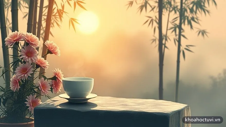 Chén trà nóng đặt trên phiến đá bên khóm cúc, nắng sớm xuyên qua rặng tre — cung sức khỏe đẹp mang tuổi già minh mẫn, ít bệnh
