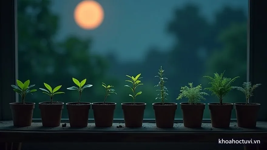 Hàng chậu cây non đủ loại khác nhau xếp cạnh cửa sổ dưới ánh trăng — 14 chính tinh cung Tử Tức, mỗi sao là một kiểu đứa trẻ
