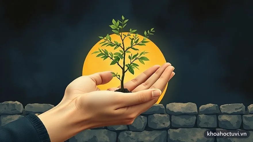 Bàn tay lớn đỡ một chồi non đang vươn qua bức tường đá — cát tinh và sát tinh trong cung con cái quyết định con đường lớn lên của con
