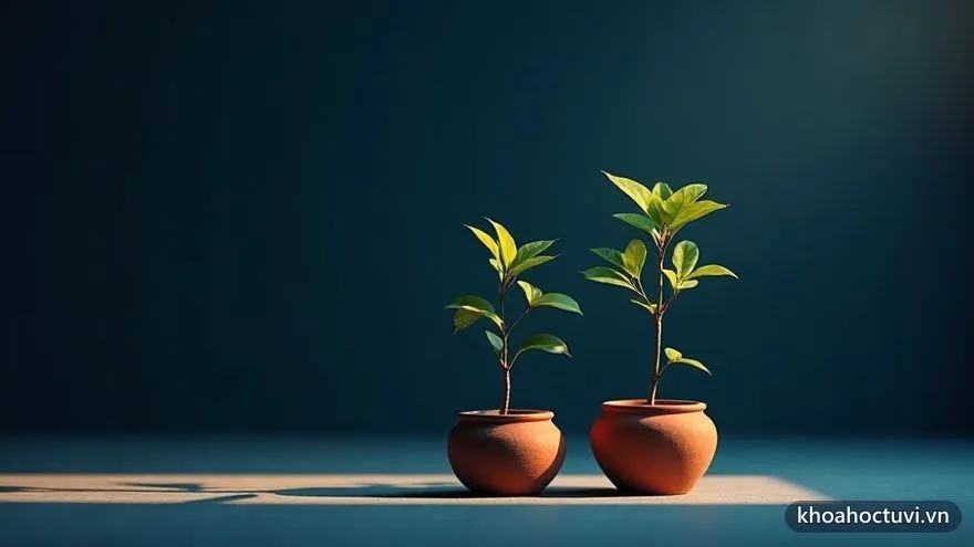 Hai chậu cây non — một được tưới nắng vàng, một trong bóng râm — cùng một loài mà lớn khác nhau, minh họa đắc hãm cung con cái