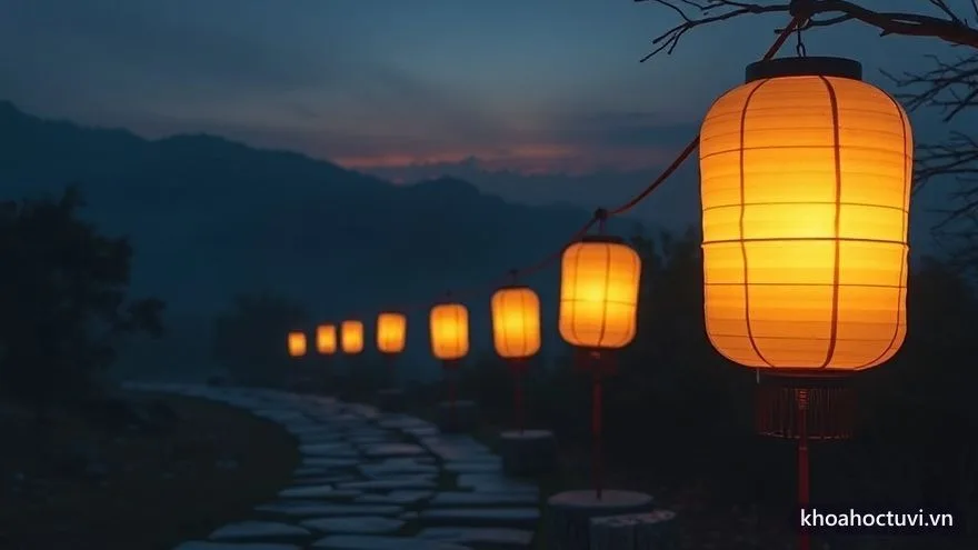 Đèn lồng vàng thắp lên tuần tự dọc lối đi vườn cổ dưới trăng — Đại Vận đi qua trục Tử Tức, mỗi mười năm rọi một mùa nuôi con