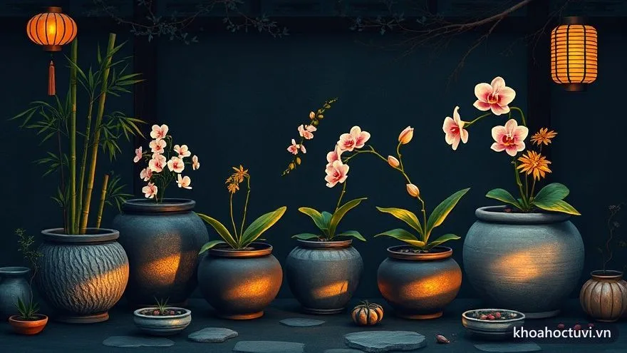 Vườn cây có nhiều loại chậu và cây khác nhau — mỗi giống một cách chăm, minh họa mỗi đứa con hợp một cách nuôi khác nhau