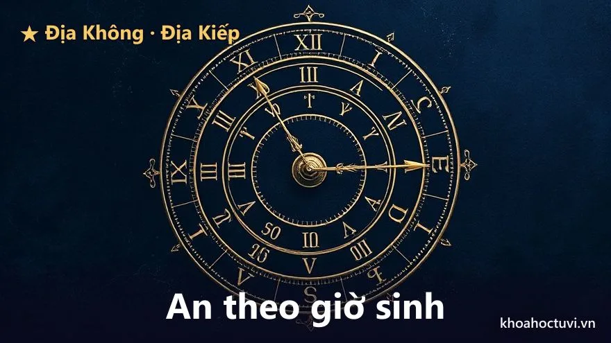 Sơ đồ địa bàn mười hai cung minh họa Địa Kiếp đi thuận và Địa Không đi nghịch cùng khởi từ cung Hợi