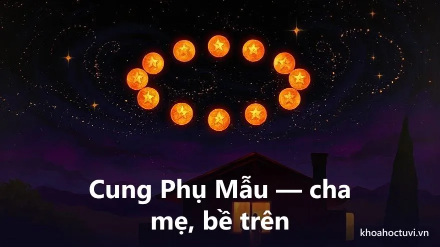 Một mái nhà ấm áp nằm dưới vòng các vầng sáng vàng rực trên nền trời tím đầy sao — biểu tượng cung phụ mẫu và quan hệ với cha mẹ, bề trên trong tử vi