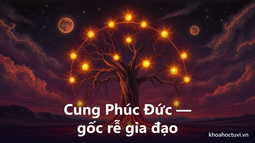 Một cây cổ thụ rễ sâu tỏa ánh sáng vàng ấm trên nền trời tím đầy sao, tượng trưng phúc ấm tổ tiên và gốc rễ gia đạo — cung phúc đức trong tử vi