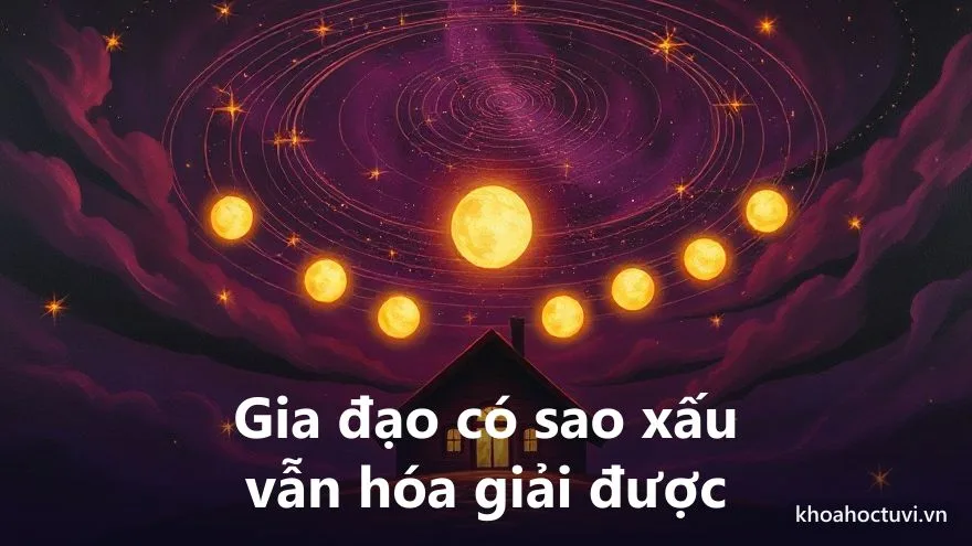 Một ngôi nhà nhỏ phát sáng vàng ấm dưới vòng cung các vầng sáng và vòng xoáy sao trên nền trời tím — biểu tượng hóa giải gia đạo có sao xấu trong tử vi