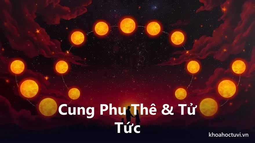 Hình ảnh một gia đình nhỏ quây quần dưới vòm sáng vàng ấm, hai người lớn và trẻ nhỏ trên nền trời tím sao — biểu tượng cung phu thê và tử tức trong cách xem gia đạo qua lá số