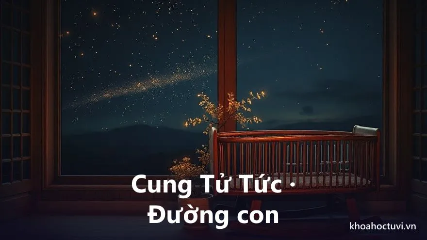 Một chiếc nôi trống bên khung cửa sổ đêm với một mầm cây non phát sáng vừa nhú lên trong chậu, ánh sao mờ dịu, tranh sơn dầu ấm, biểu tượng cung Tử Tức và đường con cái muộn màng trong tử vi