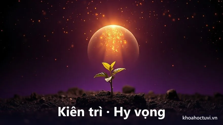 Một cặp bàn tay lớn nhẹ nhàng nâng đỡ một mầm cây non đang lớn dần dưới ánh sáng vàng ấm, trên nền trời tím sao, tranh sơn dầu, biểu tượng chăm sóc và hy vọng trên hành trình mong con trong tử vi