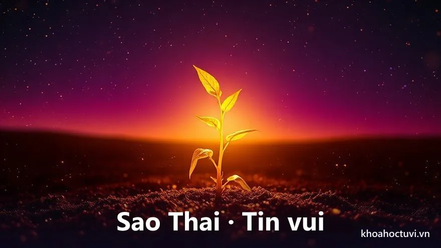 Một mầm cây phát sáng vàng ấm vươn lên khỏe khoắn giữa vườn sao tím, những đốm sáng lấp lánh vây quanh như tin vui, tranh sơn dầu, biểu tượng sao Thai Hồng Loan Thiên Hỷ báo tin vui con cái trong tử vi