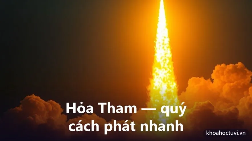 Một ngọn lửa hòa vào một luồng sáng vàng bùng lên thành cột sáng rực rỡ, biểu tượng cho quý cách Hỏa Tham phát nhanh phát mạnh
