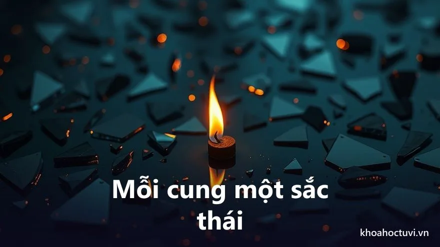 Một ngọn lửa nhỏ phản chiếu qua nhiều mảnh gương tối, biểu tượng cho sát tinh hỏa soi qua mười hai cung của lá số