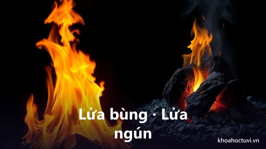 Một ngọn lửa bùng cháy rực bên cạnh một đốm than hồng ngún âm ỉ dưới lớp tro, minh họa hai kiểu lửa của cặp sát tinh Hỏa Tinh Linh Tinh