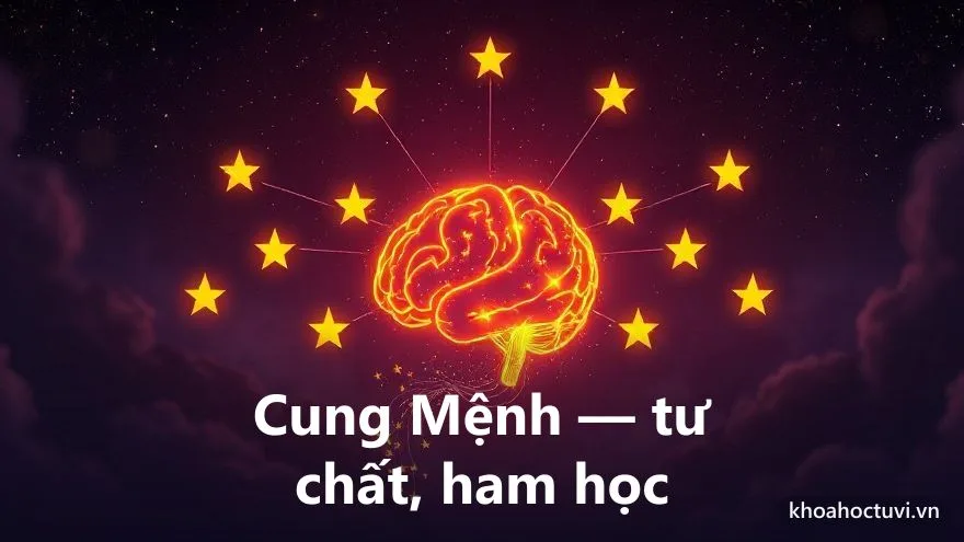 Một bộ óc phát sáng vàng ấm được các tia sáng và vì sao nhỏ vây quanh trên nền trời tím, tượng trưng tư chất và trí tuệ bẩm sinh — cung Mệnh trong cách xem học hành tử vi