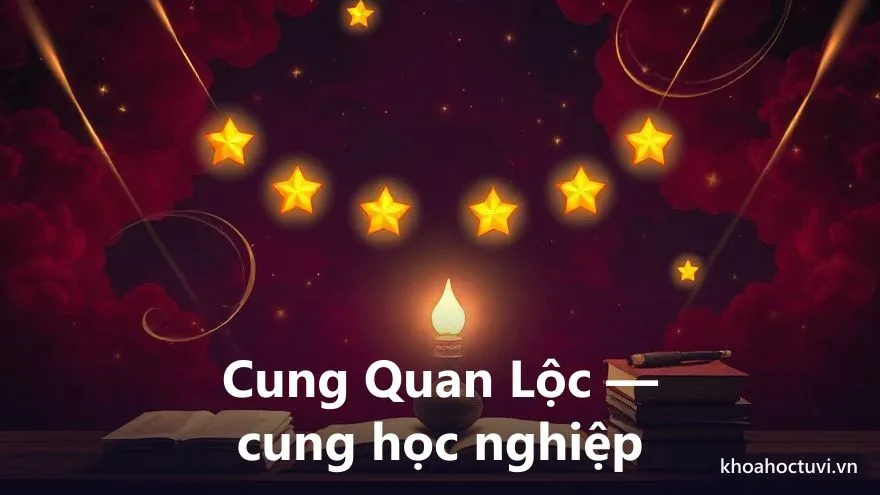 Một ngọn đèn học phát sáng vàng ấm bên chồng sách đóng và bút lông trên nền trời tím đầy sao, các vầng sáng nhỏ vây quanh — biểu tượng cách xem học hành trong tử vi qua cung học nghiệp và văn tinh