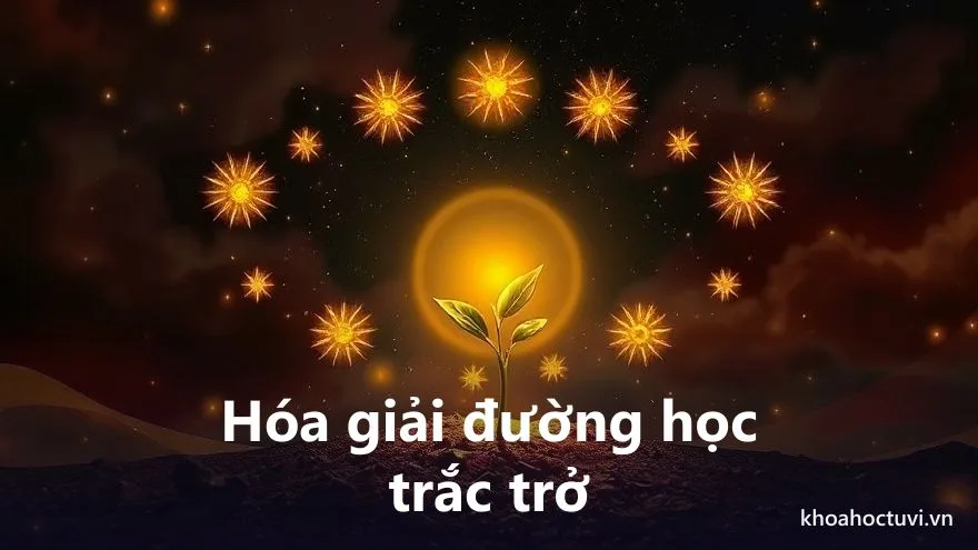 Một mầm cây phát sáng vàng vươn lên từ lòng đất dưới ánh sao tím, được vài sợi ánh sáng nâng đỡ — biểu tượng hóa giải đường học trắc trở và nuôi dưỡng việc học trong tử vi