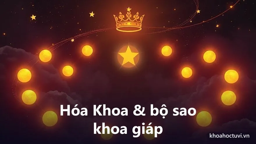 Một vòng nguyệt quế vàng phát sáng ôm quanh một ngôi sao rực rỡ giữa trời sao tím, tượng trưng khoa danh và bằng cấp — sao Hóa Khoa và bộ sao khoa giáp trong tử vi