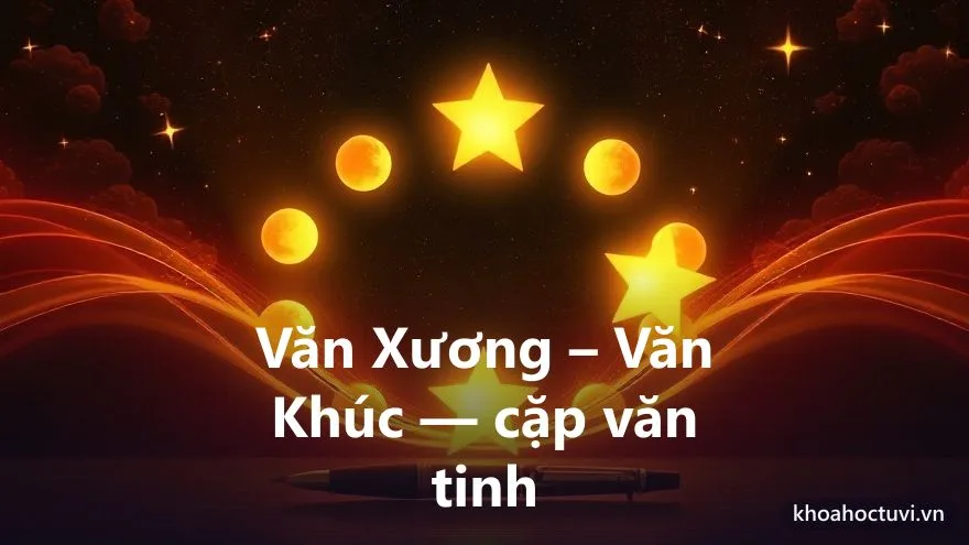 Hai ngôi sao vàng rực rỡ tỏa sáng phía trên một cây bút lông cùng những dải mực óng ánh trên nền trời tím thẳm — biểu tượng sao Văn Xương Văn Khúc, bộ văn tinh chủ về chữ nghĩa và thi cử trong tử vi