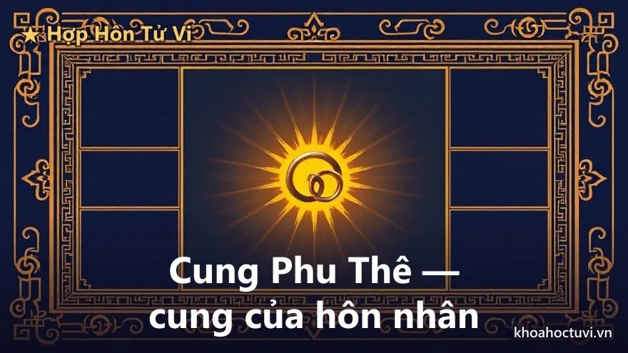 Khung lưới vuông kiểu bàn lá số với một ô giữa phát sáng vàng rực, bên trong là hai chiếc nhẫn lồng vào nhau — tượng trưng cho cung Phu Thê chủ về hôn nhân