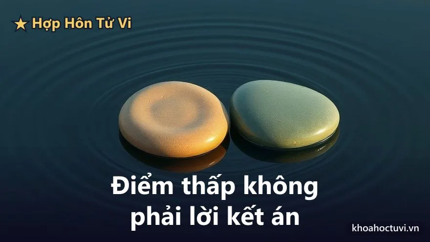 Hai viên sỏi nhẵn một màu hổ phách ấm và một màu ngọc bích nằm cạnh nhau trong làn nước nông tĩnh lặng, những vòng sóng lan tỏa quanh chúng dưới ánh bình minh