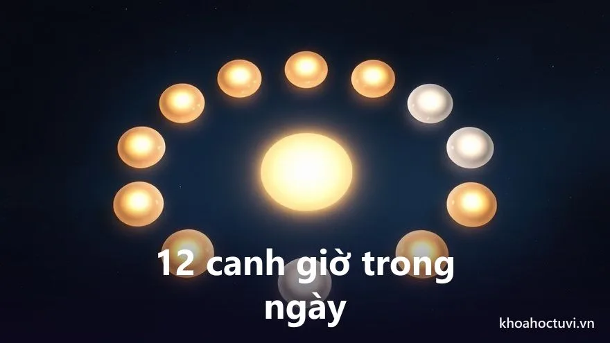 Mười hai quả cầu sáng xếp thành vòng tròn, chuyển màu dần từ vàng bình minh sang xanh thẫm nửa đêm trên nền vũ trụ — 12 canh giờ địa chi để khoanh vùng giờ sinh