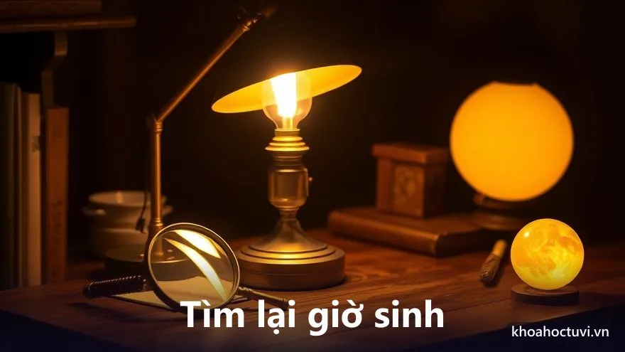 Một chiếc đèn bàn cổ tỏa ánh sáng ấm xuống mặt bàn gỗ có một chiếc kính lúp và một quả cầu sáng dịu — tìm lại giờ sinh qua giấy tờ và ký ức người thân